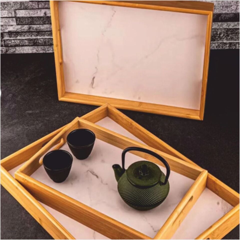 BAMBUM  MARBELLA - 3'LÜ MERMER DESENLİ TEPSİ BEYAZ