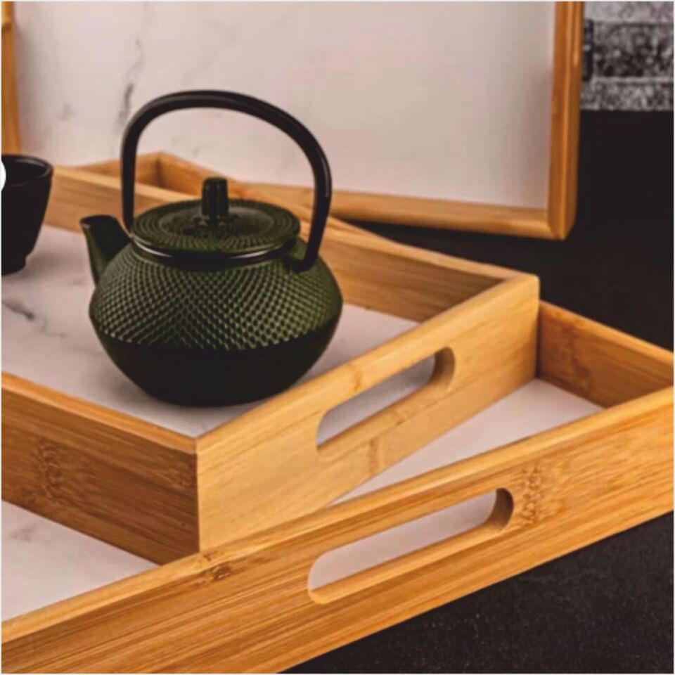 BAMBUM  MARBELLA - 3'LÜ MERMER DESENLİ TEPSİ BEYAZ