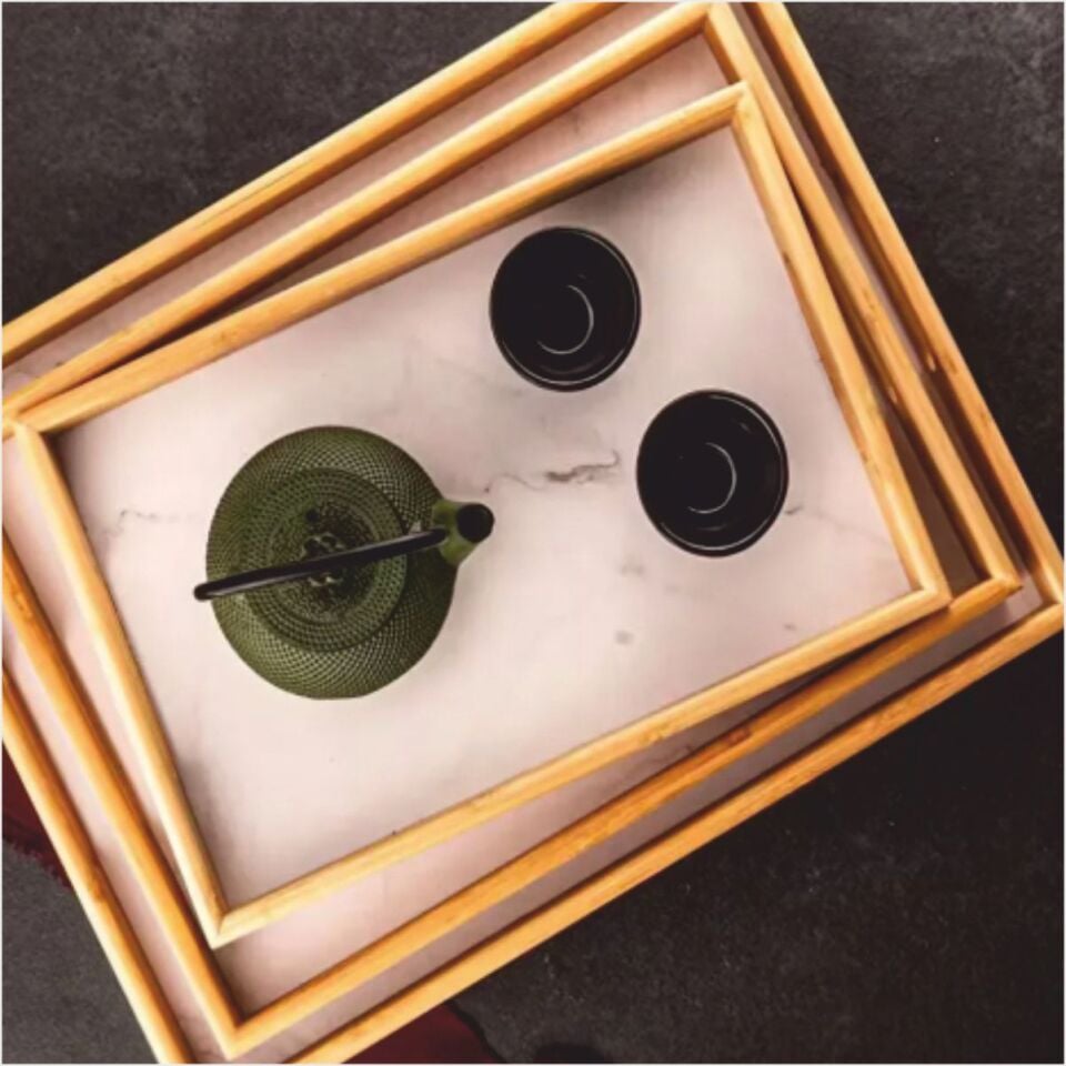 BAMBUM  MARBELLA - 3'LÜ MERMER DESENLİ TEPSİ BEYAZ