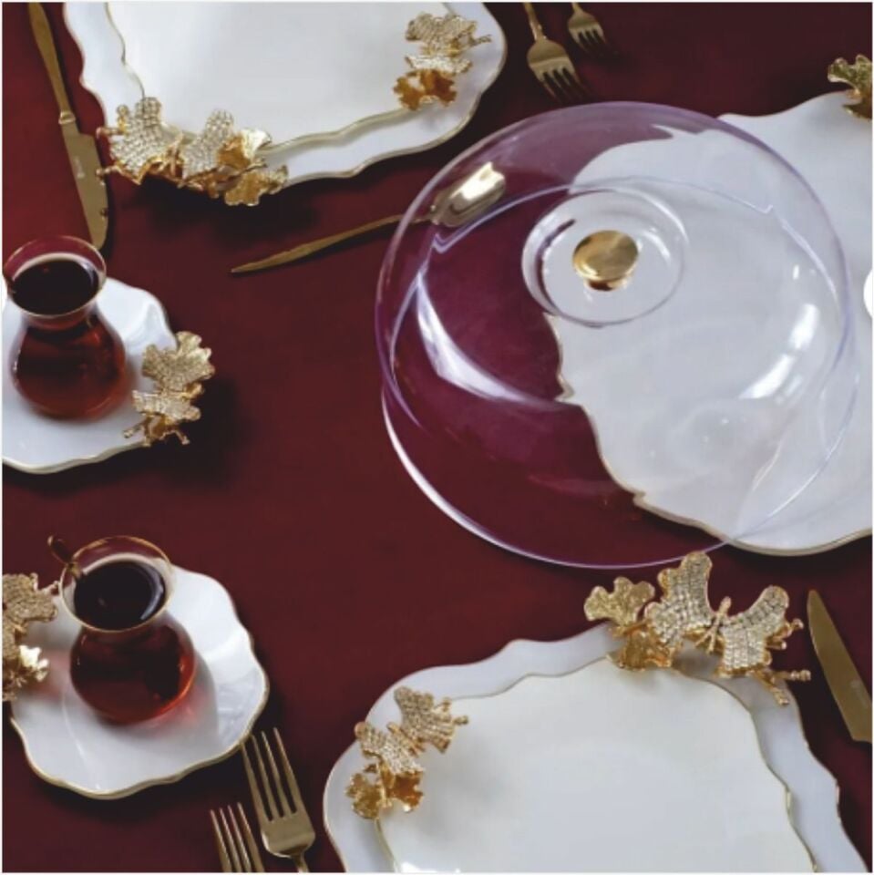 Glore Dolmabahçe Lotus Krem Altın Yaldızlı 6 Kişilik 34 Parça Pasta Servis Takımı