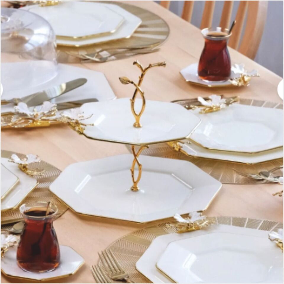 Glore Dolmabahçe Sekizgen Krem Altın Yaldızlı 6 Kişilik 33 Parça Pasta Çay Servis İkram Takımı