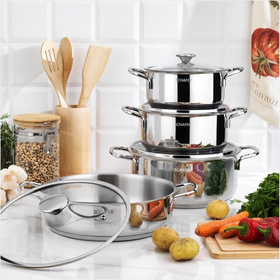 SCHAFER STEEL PRO ÇELİK TENCERE SETİ 8 PARÇA-INOX