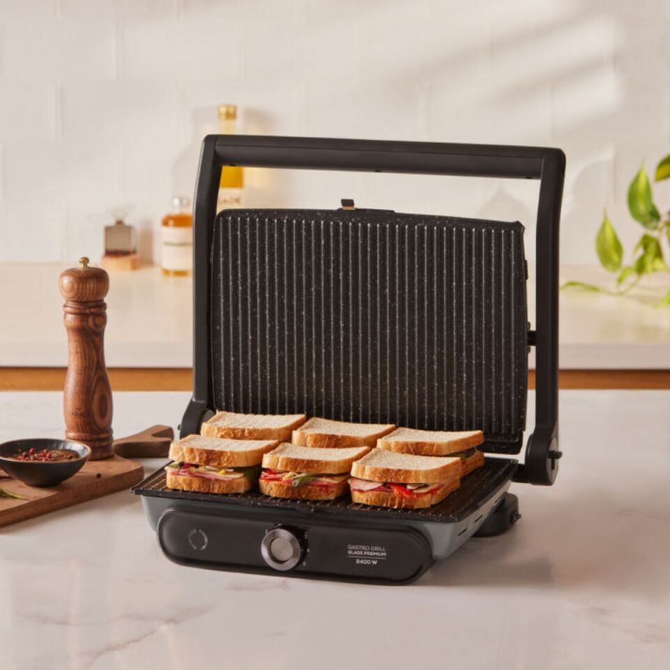 Karaca Gastro Grill Glass Premium 2400W Döküm Tost ve Izgara Makinesi Antrasit