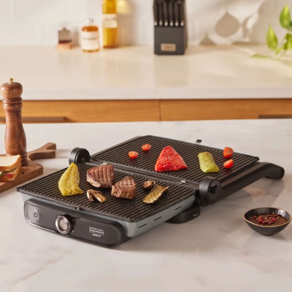 Karaca Gastro Grill Glass Premium 2400W Döküm Tost ve Izgara Makinesi Antrasit