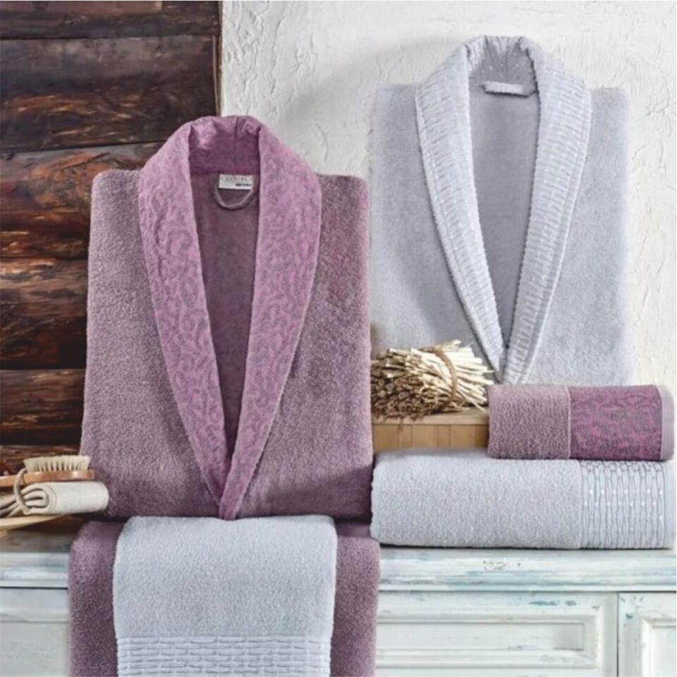 Taç Kristal Dream Jakarlı 6 Parça Aile Bornoz Takımı - Gri-Leylak