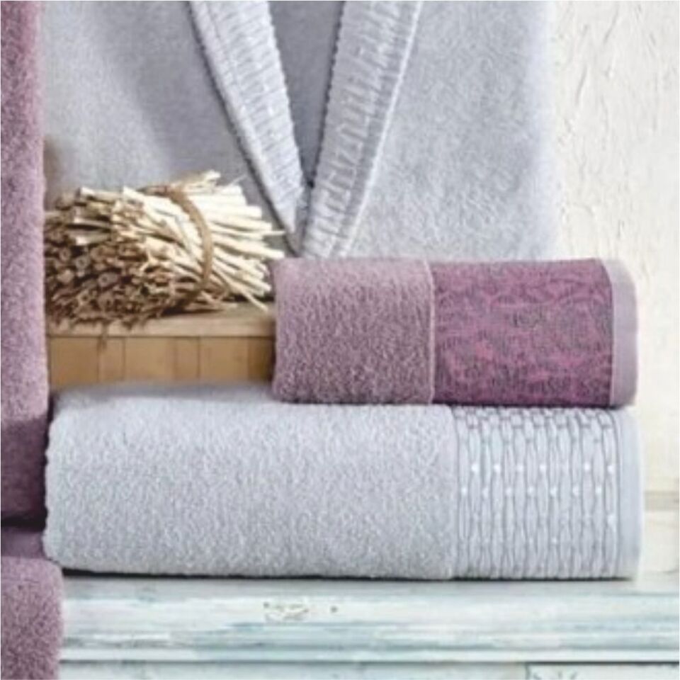 Taç Kristal Dream Jakarlı 6 Parça Aile Bornoz Takımı - Gri-Leylak