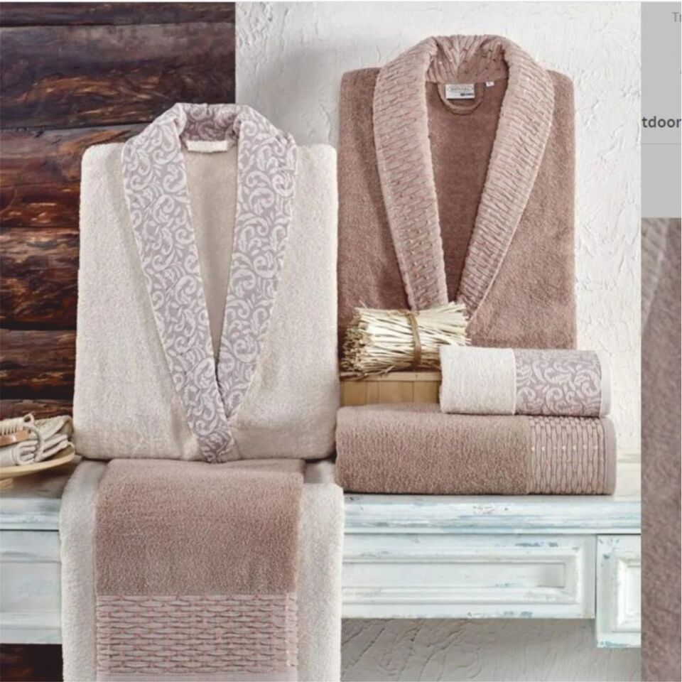 Taç Kristal Soft Cotton Nakışlı 6 Parça Aile Bornoz Takımı Bej-Pudra