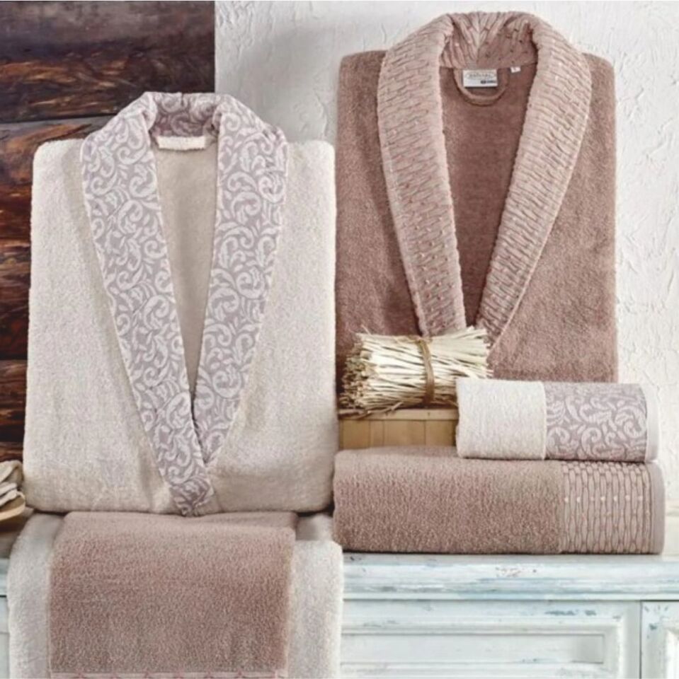 Taç Kristal Soft Cotton Nakışlı 6 Parça Aile Bornoz Takımı Bej-Pudra