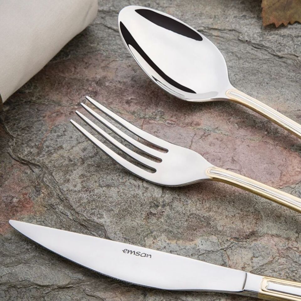 Emsan Elegance Göksu Gold 84 Parça 12 Kişilik Lüks Kutulu Çatal Kaşık Bıçak Seti