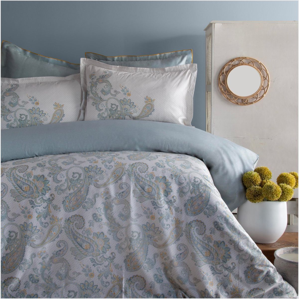 Pamuklar Apricitas Cıft Kısılık Elegance Baskılı Saten Nevresım Takımı Berta Indıgo