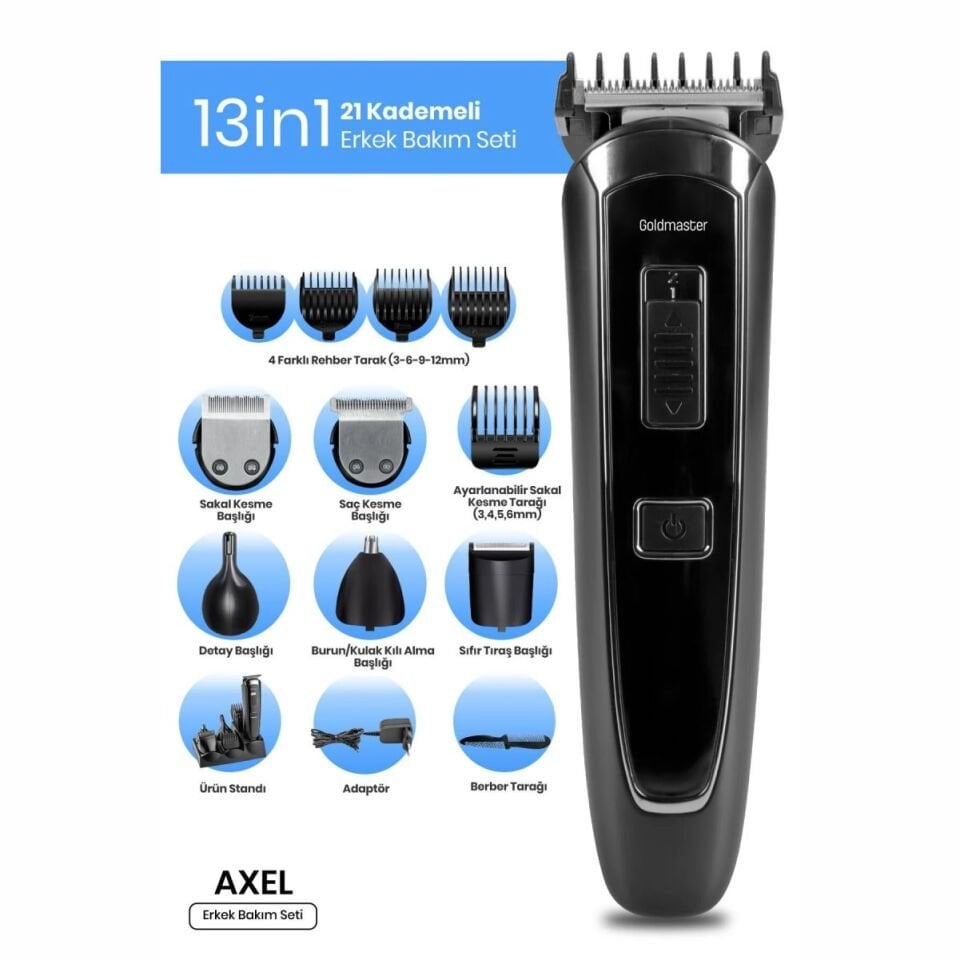 Goldmaster Axel 13in1 Hızlı Şarj Özellikli Kablolu Kablosuz Paslanmaz Çelik 21 Kademeli Erkek Bakım Seti