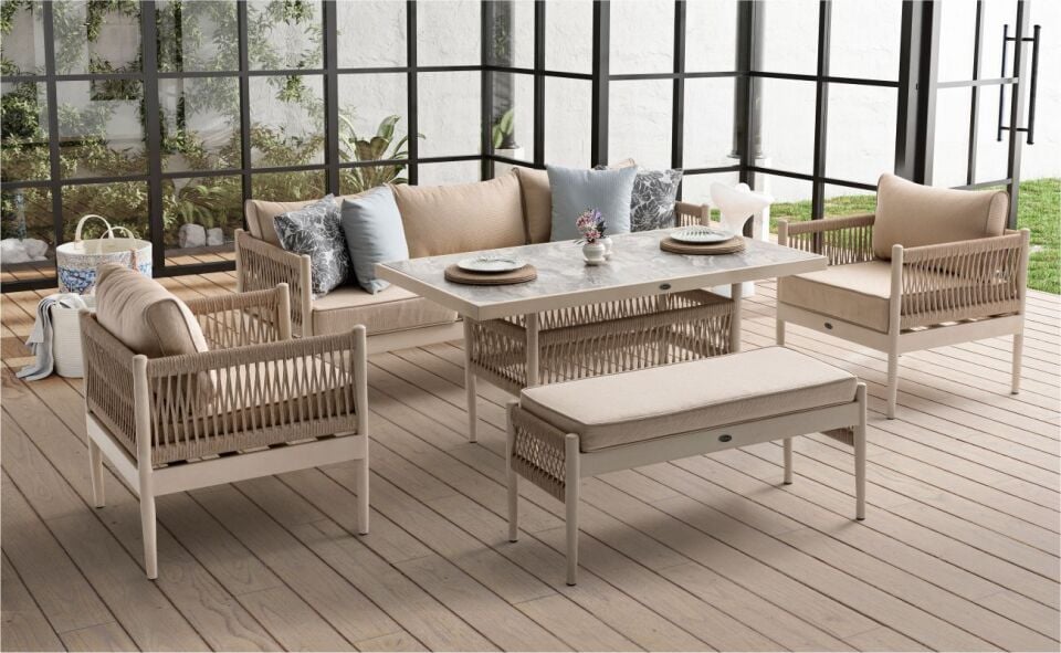 Lyon 3+1+1 Krem Düz 110S Sehpa Ayağı+Puf Capy Mn.Olf