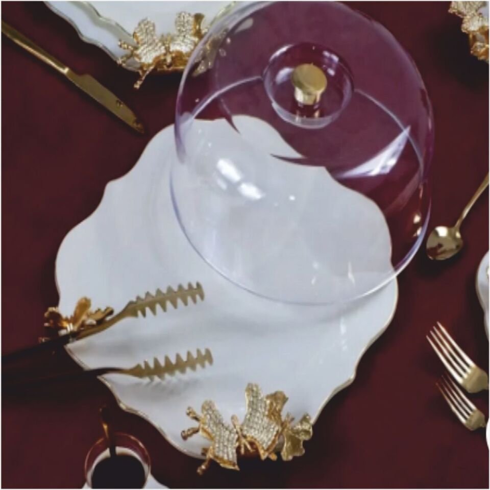 Glore Dolmabahçe Lotus Krem Altın Yaldızlı 6 Kişilik 34 Parça Pasta Servis Takımı