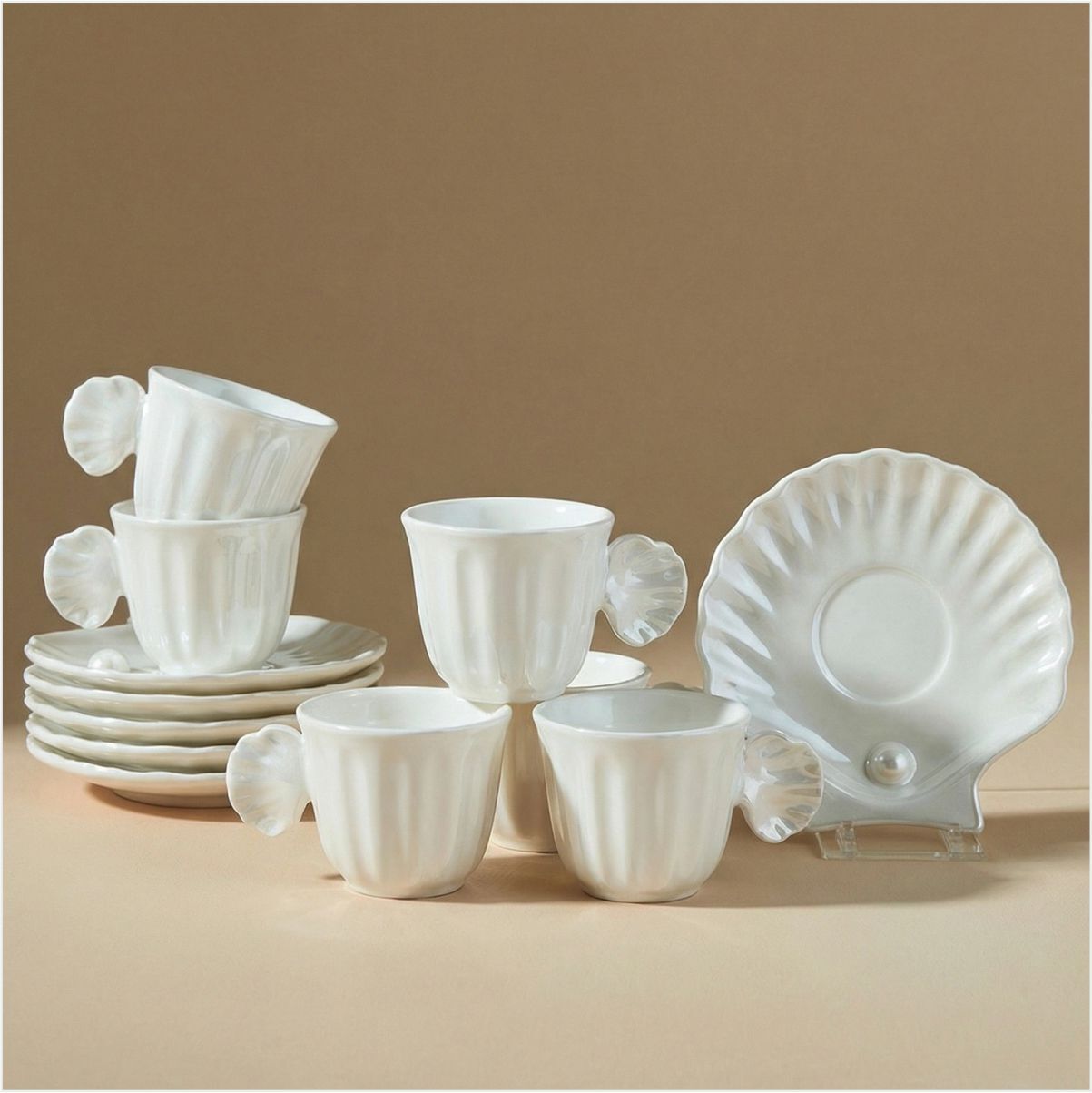 KARACA İSTİRİDYE LÜSTERLİ 6 KİŞİL BEYAZ FİNCAN TAKIMI