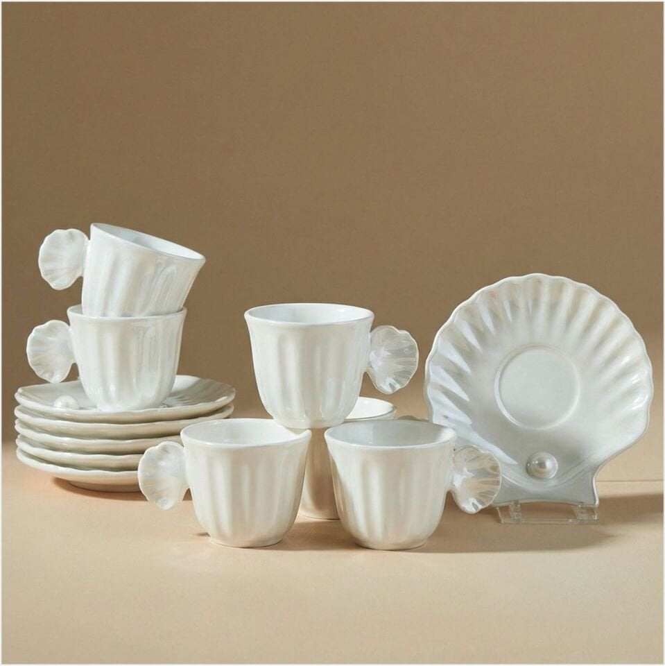 KARACA İSTİRİDYE LÜSTERLİ 6 KİŞİL BEYAZ FİNCAN TAKIMI