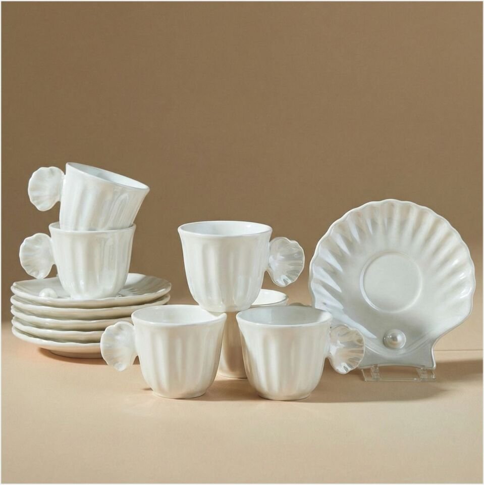 KARACA İSTİRİDYE LÜSTERLİ 6 KİŞİL BEYAZ FİNCAN TAKIMI