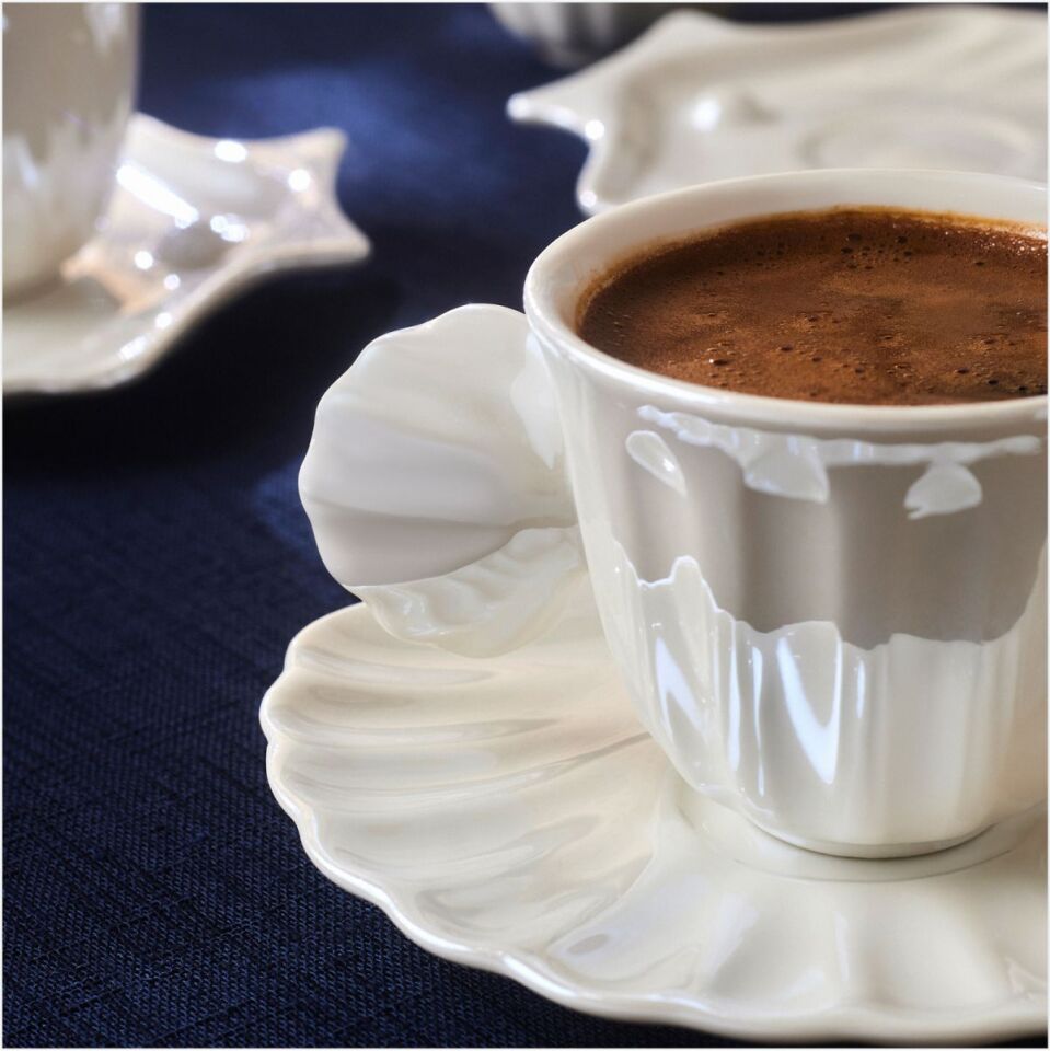 KARACA İSTİRİDYE LÜSTERLİ 6 KİŞİL BEYAZ FİNCAN TAKIMI