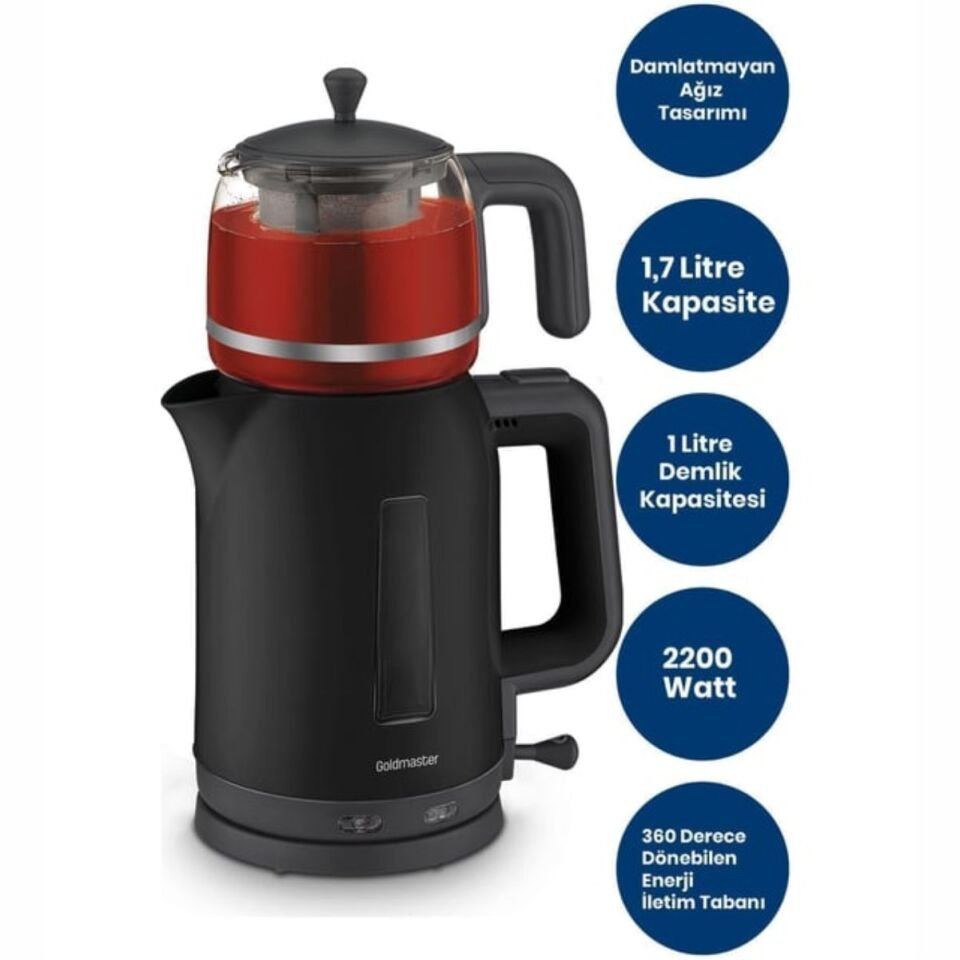 Goldmaster Papatya Siyah 2200 Watt Cam Demlikli Çay Makinesi Ve Su Isıtıcısı
