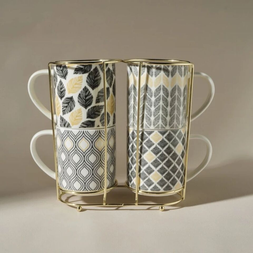 Karaca Nero 5 Parça Standlı Porselen Kupa/Mug Seti 320 Ml