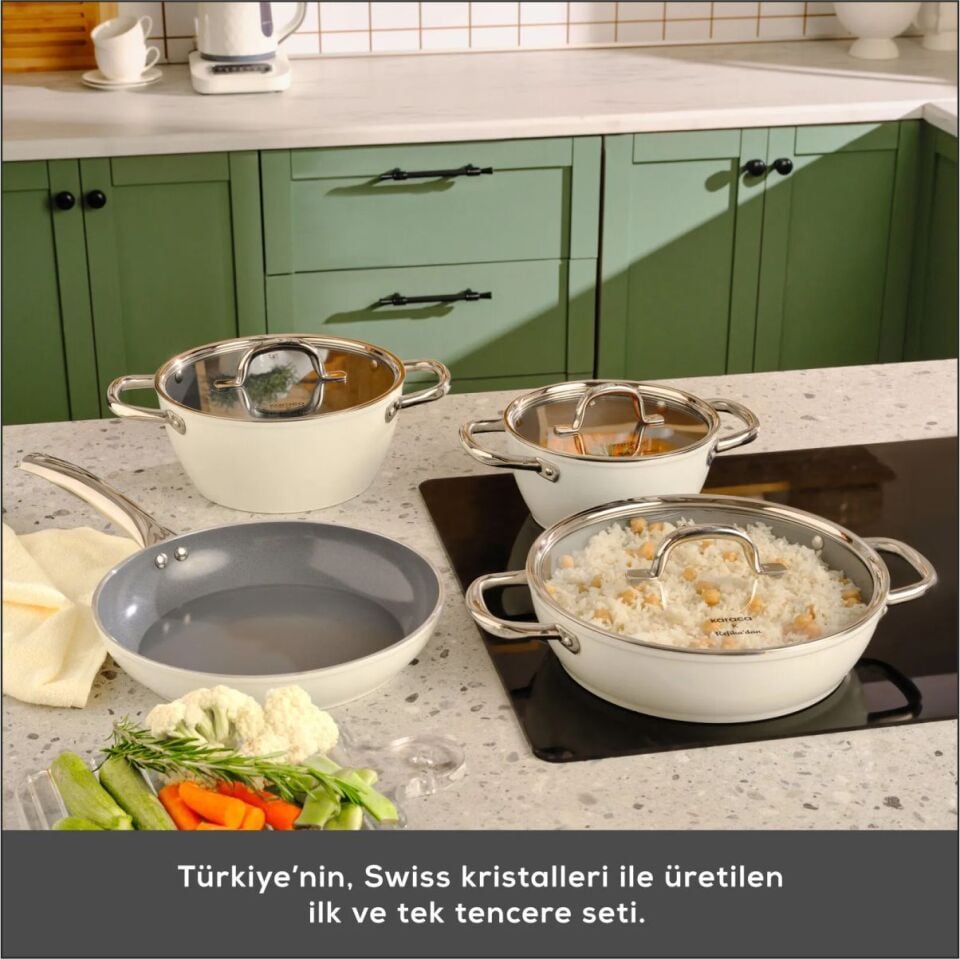 KARACA SWISS CRYSTAL CREAMY METAL 7 PARÇA TENCERE SETİ KREM
