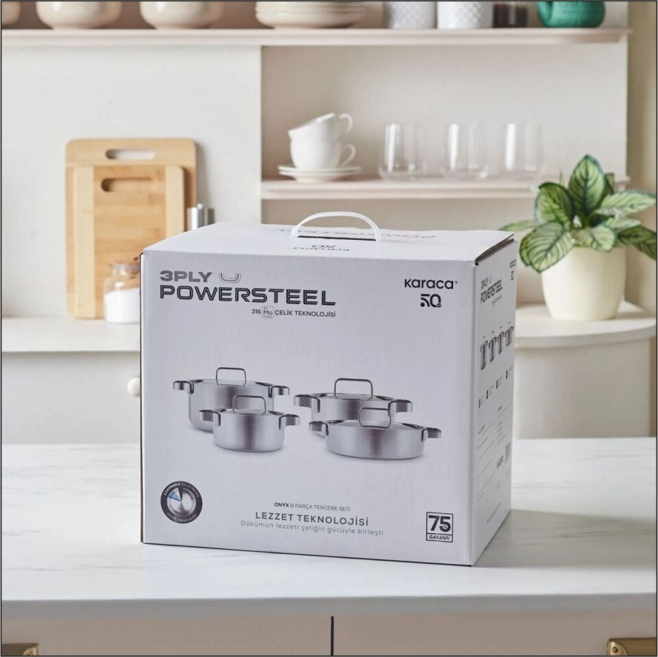 KARACA POWERSTEEL 316+ 3PLY ONYX İNDÜKSİYON TABANLI ÇELİK 8 PARÇA TENCERE SETİ