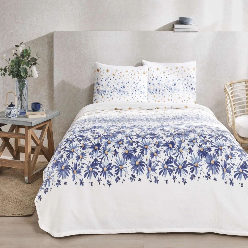 Taç Pike Takımı Flora Mavi Çift Kişilik