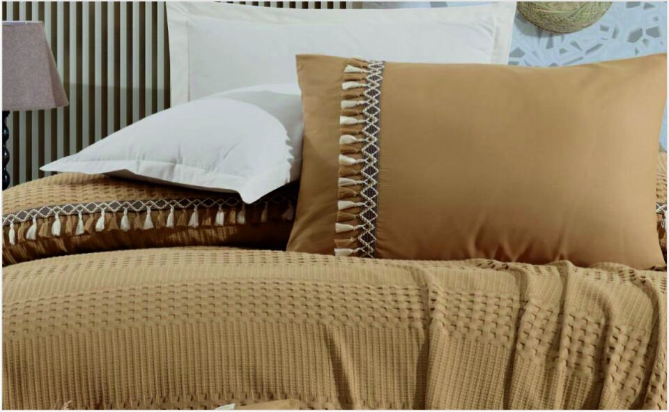 Aran Clasy Butik Tek Kişilik Püsküllü Pike Takımı Bohamline V6 Hardal