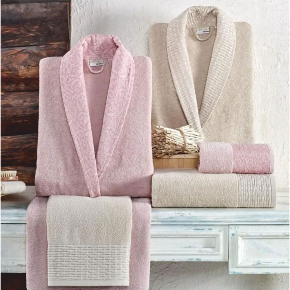 Taç Kristal Dream Jakarlı 6 Parça Aile Bornoz Takımı - Bej -Pudra