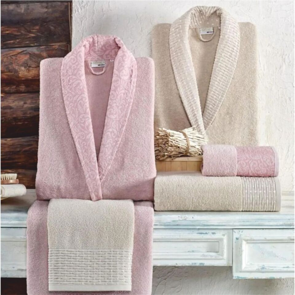 Taç Kristal Dream Jakarlı 6 Parça Aile Bornoz Takımı - Bej -Pudra