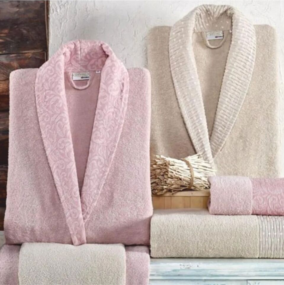 Taç Kristal Dream Jakarlı 6 Parça Aile Bornoz Takımı - Bej -Pudra