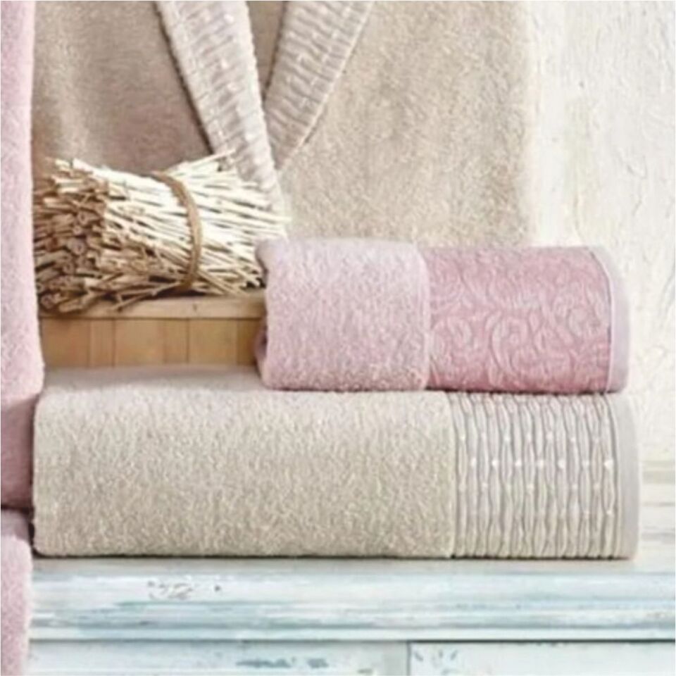 Taç Kristal Dream Jakarlı 6 Parça Aile Bornoz Takımı - Bej -Pudra