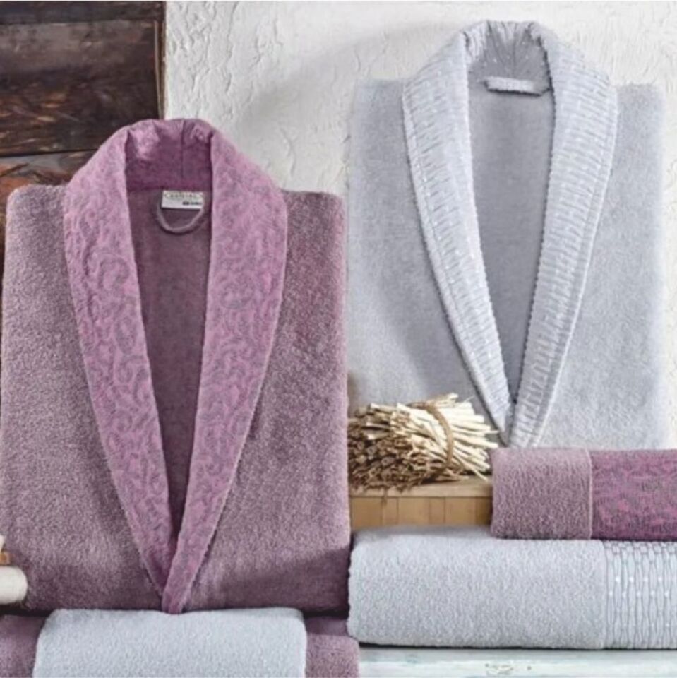 Taç Kristal Dream Jakarlı 6 Parça Aile Bornoz Takımı - Gri-Leylak