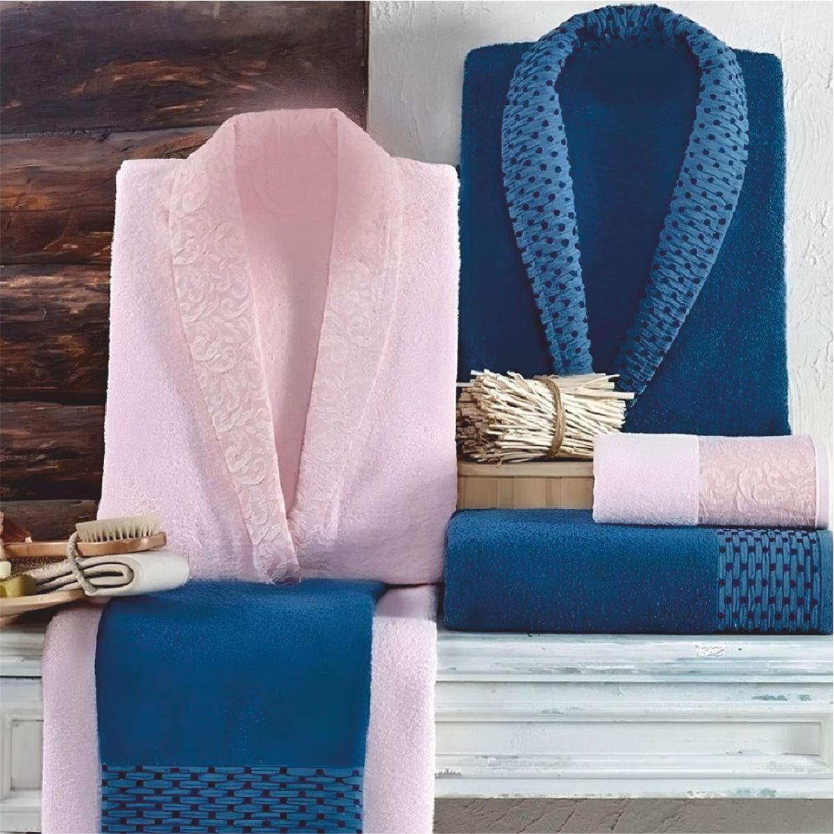 Taç Kristal Dream Jakarlı 6 Parça Aile Bornoz Takımı - İndigo-Pudra