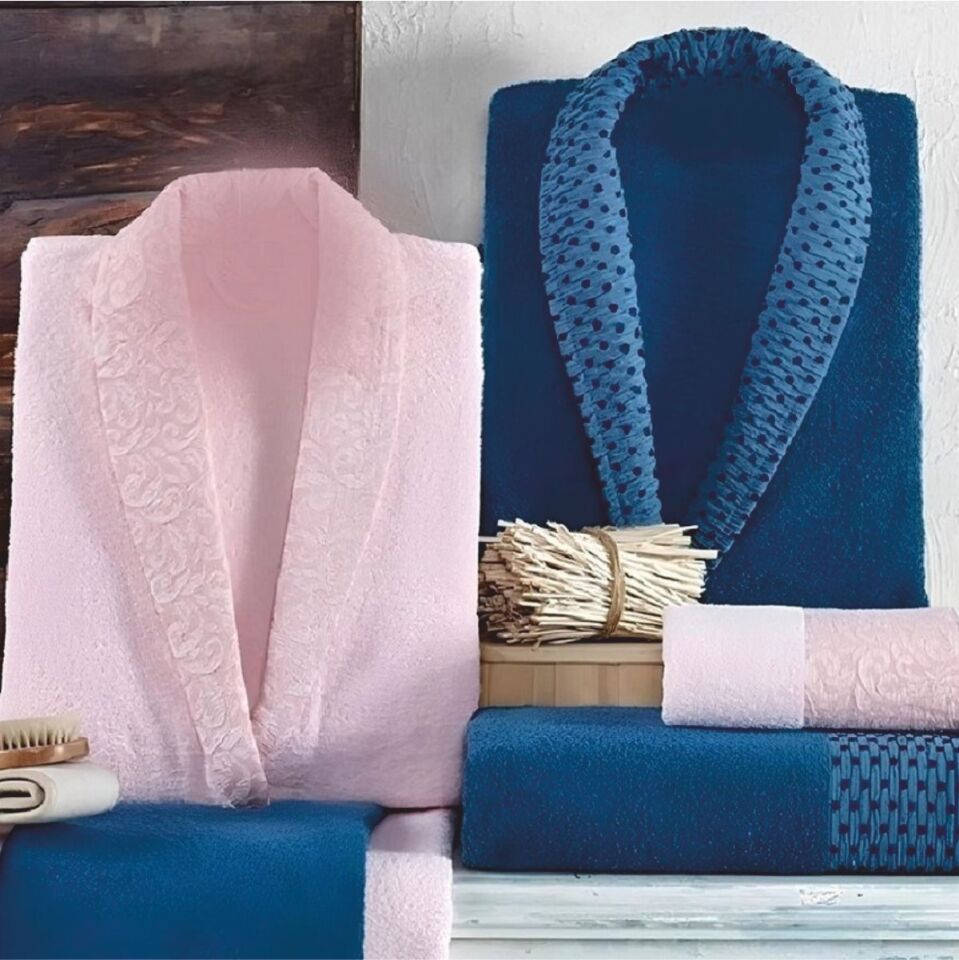 Taç Kristal Dream Jakarlı 6 Parça Aile Bornoz Takımı - İndigo-Pudra