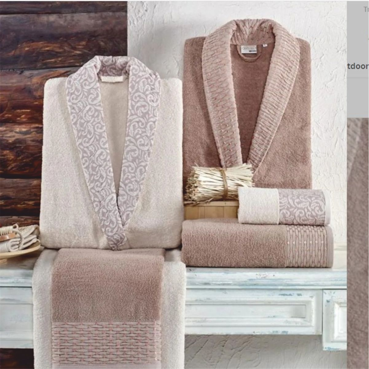 Taç Kristal Soft Cotton Nakışlı 6 Parça Aile Bornoz Takımı Bej-Pudra