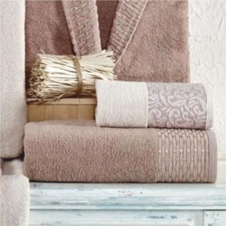 Taç Kristal Soft Cotton Nakışlı 6 Parça Aile Bornoz Takımı Bej-Pudra