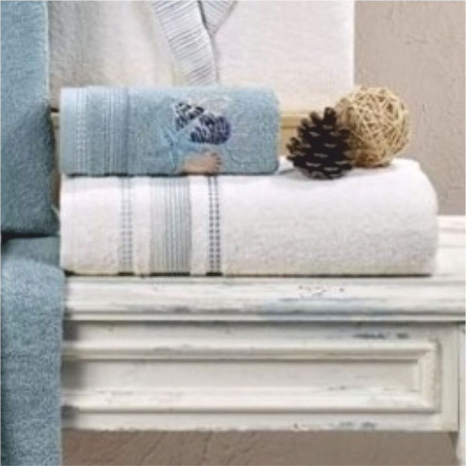 Taç Kristal Soft Cotton Nakışlı 6 Parça Aile Bornoz TakımıEkru-Mavi