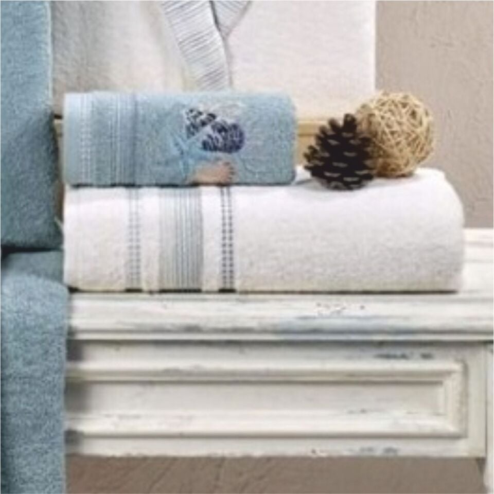 Taç Kristal Soft Cotton Nakışlı 6 Parça Aile Bornoz TakımıEkru-Mavi