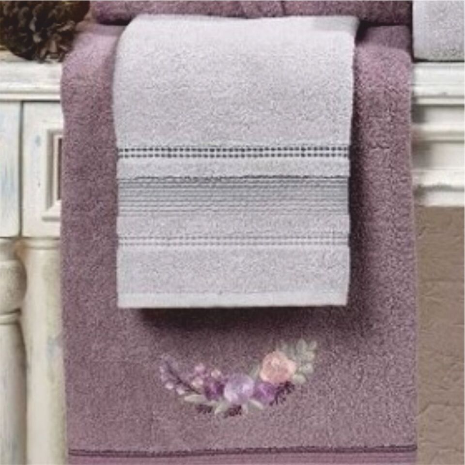 Taç Kristal Soft Cotton Nakışlı 6 Parça Aile Bornoz Takımı Gri-Leylak