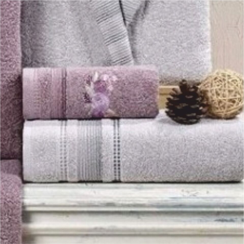 Taç Kristal Soft Cotton Nakışlı 6 Parça Aile Bornoz Takımı Gri-Leylak