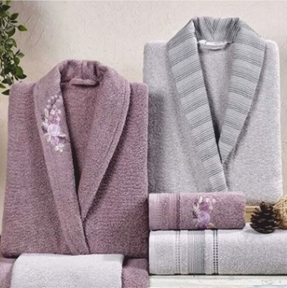 Taç Kristal Soft Cotton Nakışlı 6 Parça Aile Bornoz Takımı Gri-Leylak