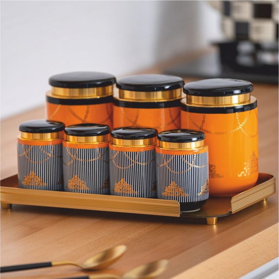 Acar Koh-05835/4 Pansy Posy Porselen 8 Li Cam Tepsili Kavanoz Set