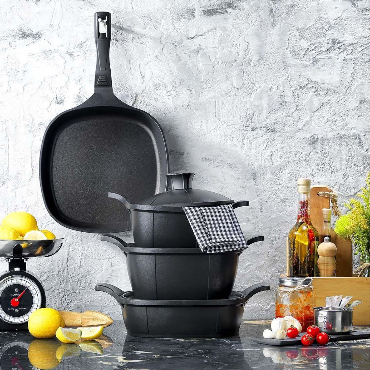 Schafer Felsen Kare Döküm Tencere Seti 7 Parça-Siyah