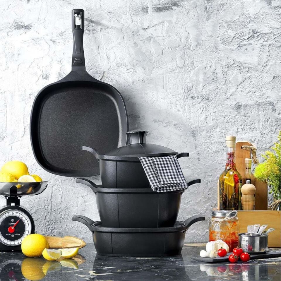 Schafer Felsen Kare Döküm Tencere Seti 7 Parça-Siyah