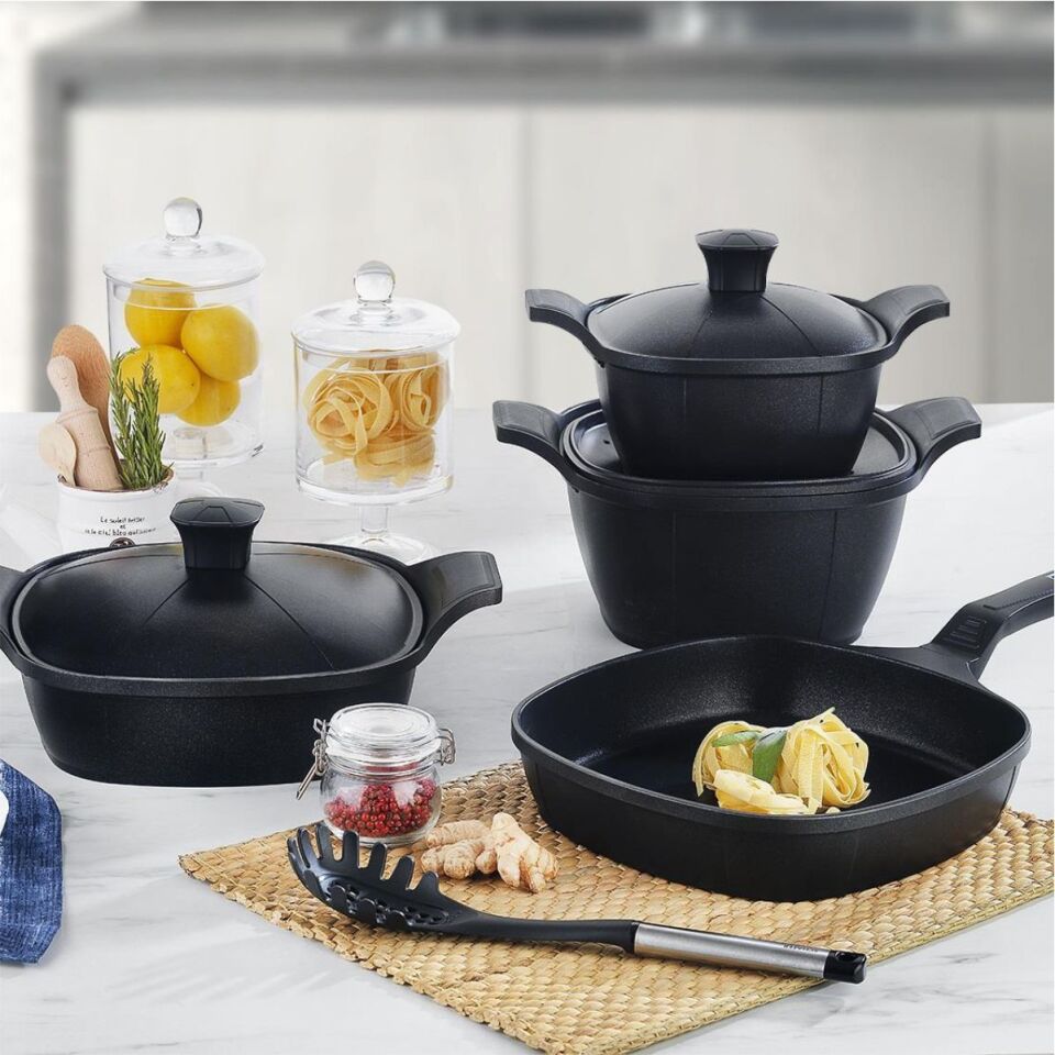 Schafer Felsen Kare Döküm Tencere Seti 7 Parça-Siyah