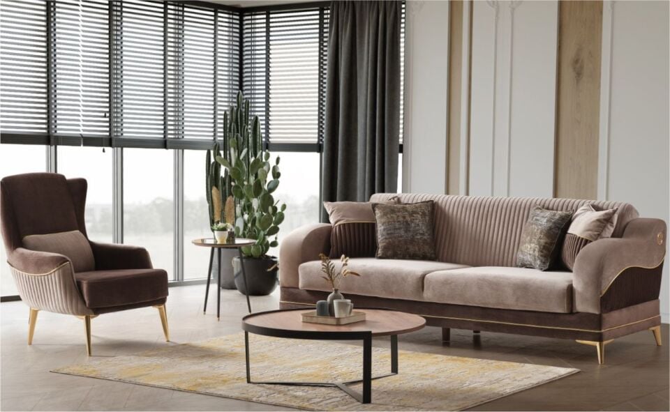 Beyza Star 01 Koltuk Takımı 3+3+1+1 Luna 03 Kahve Krem