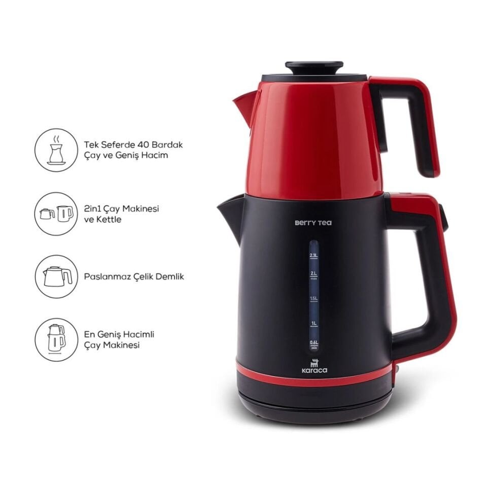 Karaca Berry Tea XL 2 in 1 Çelik Demlikli Çay Makinesi ve Kettle Shiny Black
